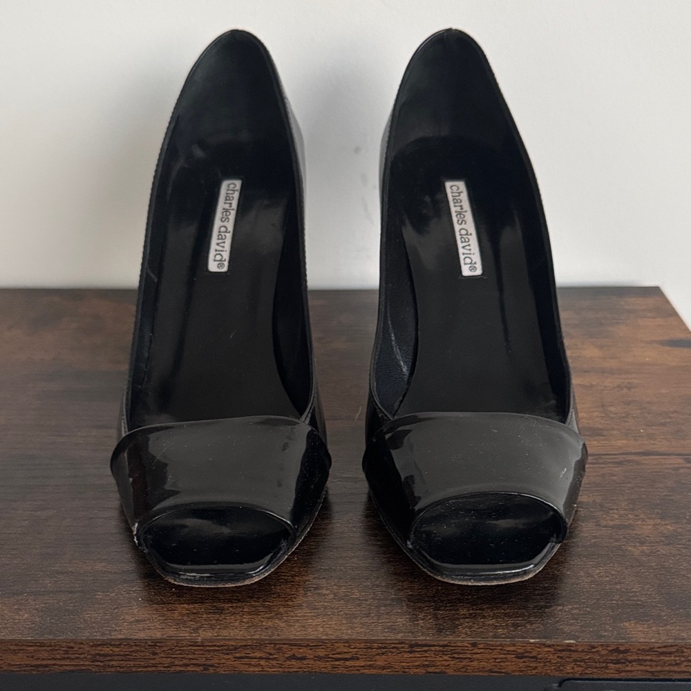 Charles David Jocel Black Patent Peep-Toe Pumps